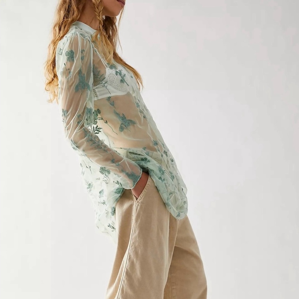 Free People Sheer Embroidered Long Sleeve Tunic